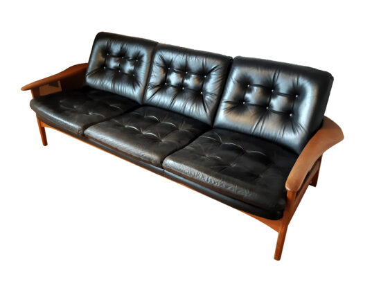 Vintage 3-Sitzer Ledersofa Teak 60er