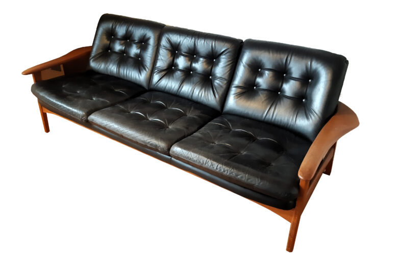 Vintage 3-Sitzer Ledersofa Teak 60er